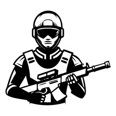 Fototapeta premium Military Soldier Holding Rifle Vector Graphic Suitable for Tattoo Design and Apparel