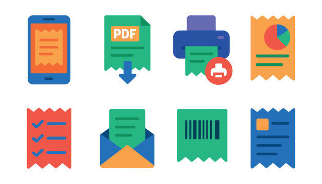 Set of icons: phone, PDF, printer, graph, checklist, envelope, barcode, document.