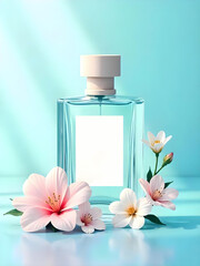 A perfume bottle is surrounded by beautiful, blooming flowers with a light blue background.