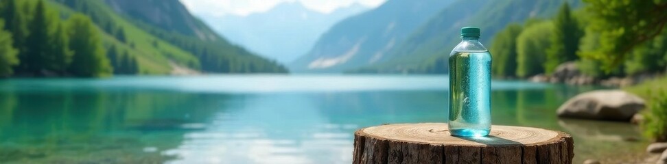 Crystal clear water bottle on rustic stump by serene lake, mountains  ,  forest,  wood,  alpine