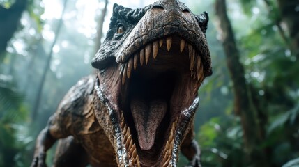 Fototapeta premium In this striking image, a majestic T-Rex is depicted in the midst of a lush, green forest, roaring fiercely, surrounded by ferns, evoking the grandeur of prehistoric life.