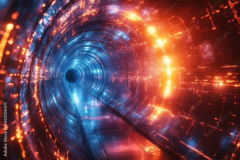 Poster abstract glowing tunnel with vibrant light patterns creating a futuristic atmosphere at night