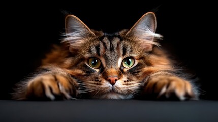 A captivating close-up of a fluffy cat with striking green eyes, showcasing its playful demeanor and charm in a beautifully lit environment.