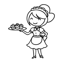 Obraz premium Cute Bakery Waitress Holding Plate of Cupcakes Cartoon Character for Coloring and Tattoo Design