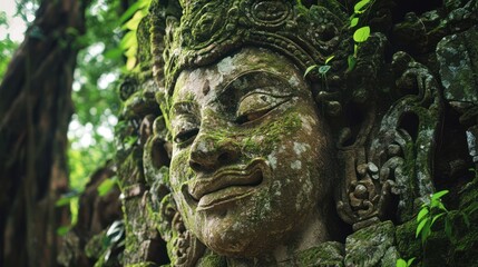 Ancient stone sculpture overgrown with moss in a lush jungle setting
