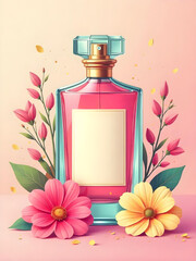 A beautifully designed perfume bottle with flowers is displayed in a vibrant floral arrangement.