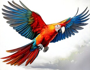 Fototapeta premium A colorful parrot flying, realistic style, white background 