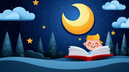 Fototapeta premium Joyful Boy Reading a Book Under a Crescent Moon at Night