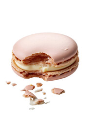macaron with bite missing and crumbs falling on transparent background