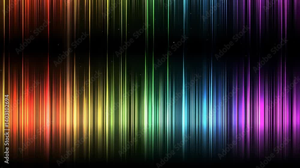 Poster vibrant rainbow lines radiating vertically, sparkling with tiny luminous dots dancing across deep mi