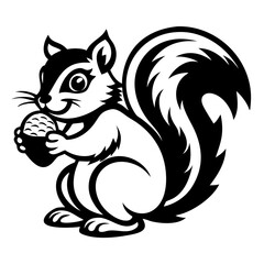 Obraz premium Cute Cartoon Squirrel Holding Acorn Black and White Design for T-Shirts and Tattoos
