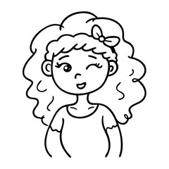 Fototapeta premium Cute Cartoon Girl with Curly Hair and Bow Winking Happy Expression for Coloring Activities