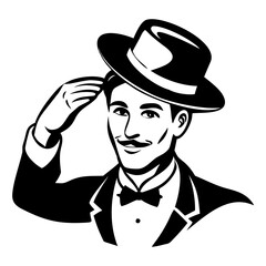 Elegant Gentleman Saluting with Top Hat Vintage Style Black and White Vector Illustration