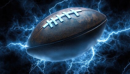 A football with lightning bolts around it, set against an electric blue background, symbolizing the power and intensity of American football.