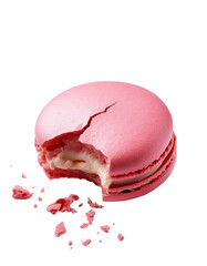 macaron with bite missing and crumbs falling on transparent background