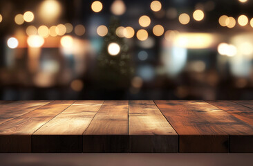 Christmas wooden table background with a blurred Christmas tree and lights on the right side.