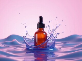 Amber dropper bottle splashing in vibrant purple liquid against pink background, symbolizing skincare or essential oils