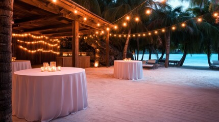 This charming beach setup adorned with elegant lighting creates a magical atmosphere, perfect for events where elegance meets the tranquility of the sea.