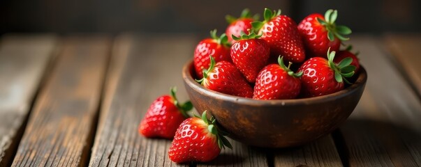 Juicy red strawberries in a rustic bowl on wooden table , closeup, red fruit, strawberries