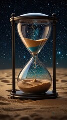 Hourglass on sandy surface under starry night sky symbolizing time, eternity, and cosmic connection