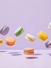 Obraz premium An array of colorful macarons floating in mid-air against a soft purple background, a sweet treat.