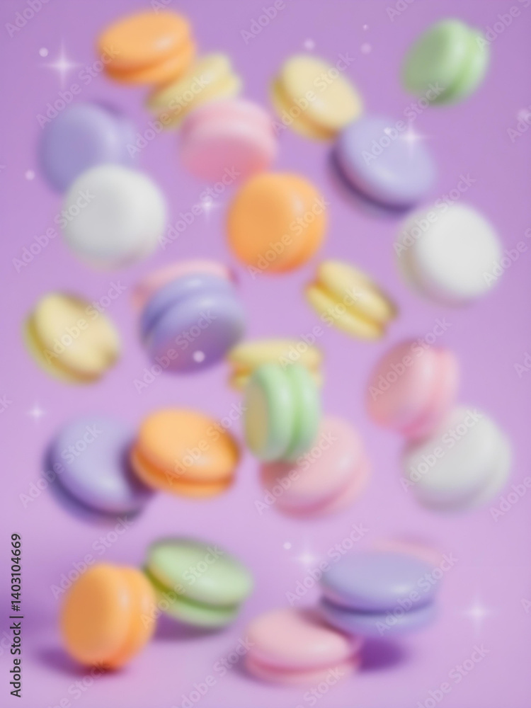 Poster floating colorful macarons in a soft and blurred focus, with pastel and sparkling effects.