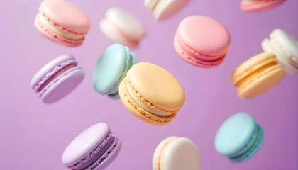 Obraz premium Colorful macarons in various pastel shades appear to float against a gentle purple backdrop.