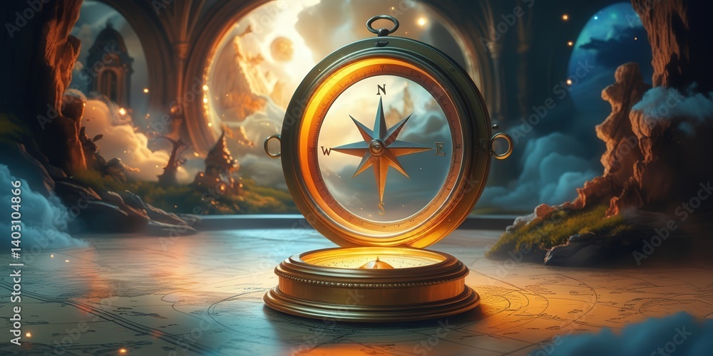 Poster golden compass on ancient map in a mystical fantasy setting with glowing light and celestial element