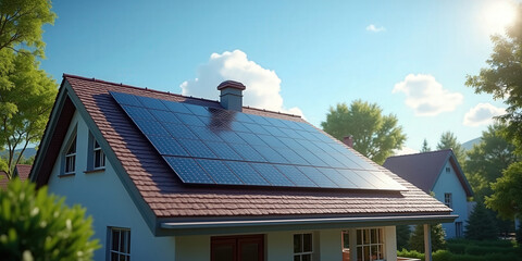 Modern suburban house with solar panels on the roof under bright sunlight, surrounded by greenery and blue sky.
