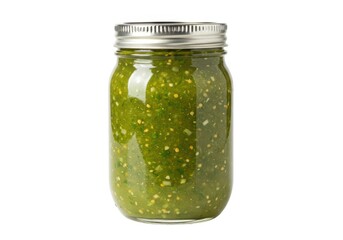 Fresh tomatillo salsa verde in glass jar food photography isolated on white background