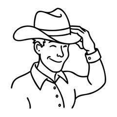 Cowboy Man Smiling with Hat Tip Vector Illustration Perfect for Tattoo Designs and Coloring Books