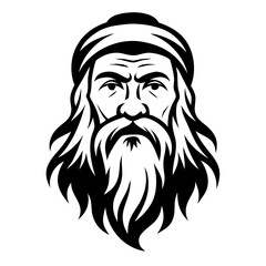 Fototapeta premium Portrait of a Wise Bearded Man with Long Hair and Headscarf Ideal for Tattoo or Illustrative Art