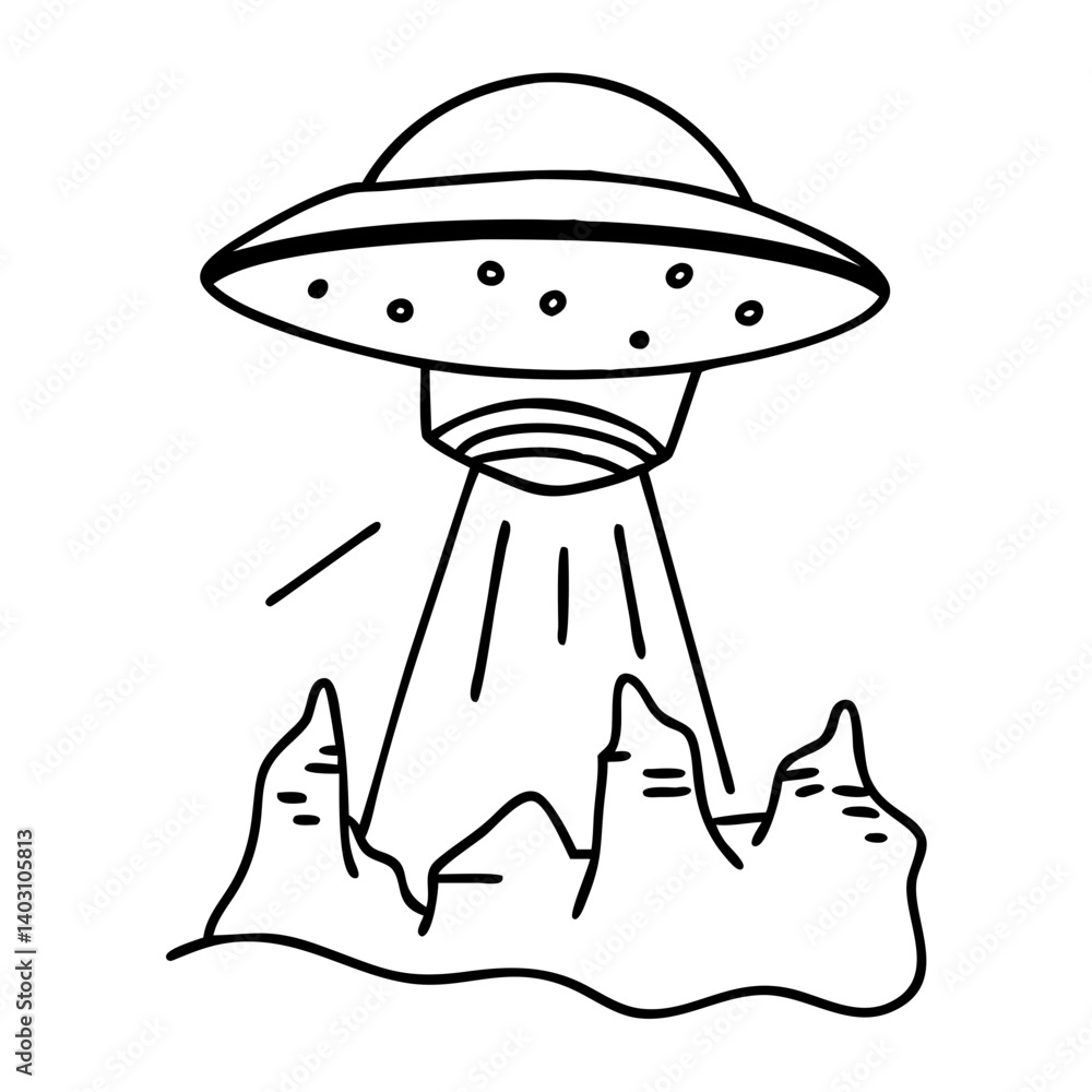 Poster ufo abduction scene with mountains featuring alien spaceship and beam of light design