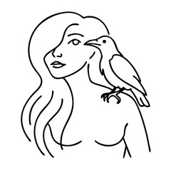 Obraz premium Elegant Woman with Bird on Shoulder Minimalist Line Art for Tattoos and Coloring Books