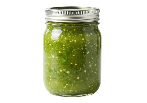 Fresh tomatillo salsa verde in glass jar product photo isolated on white background