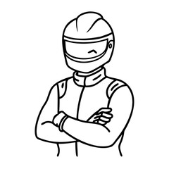 Fototapeta premium Racing Driver In Helmet Confident Pose Vector Illustration Ideal For Tattoo Designs And Coloring Books