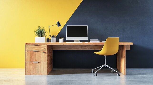 Modern minimalist workspace with wooden desk, computer, and office supplies in yellow, blue, and dark grey color scheme. The setup features a mustard or navy blue accent wall