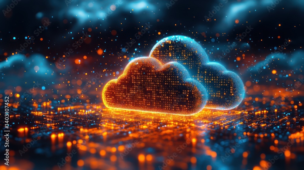 Poster digital cloud computing data transfer, futuristic cityscape backdrop