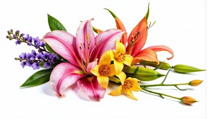 Fototapeta premium Colorful bouquet of lilies and roses against a white background 