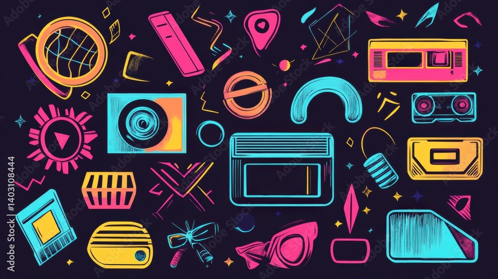 Poster retro 90s style sticker collection showcasing vibrant shapes and pastel gradients with vhs tape text