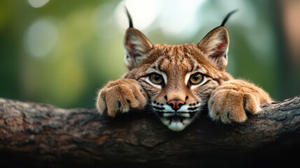 Obraz premium A playful lynx rests while gazing directly at the camera, showcasing its distinctive features in a soft-focus environment that highlights its natural beauty in the wild.