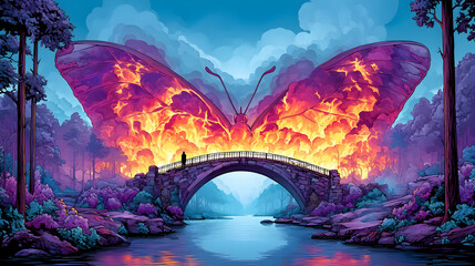 Fototapeta premium Fiery butterfly wings form a bridge over a tranquil river in a mystical forest