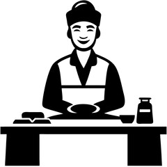 Smiling Chef Preparing Delicious Dishes with Ingredients and Tools in Culinary Kitchen Setting