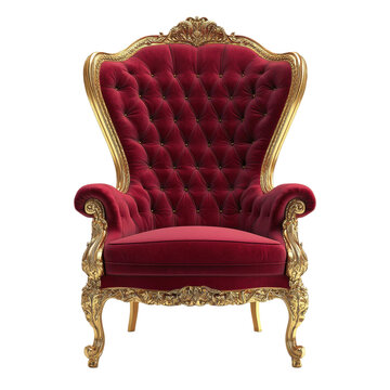 Ornate red velvet throne chair on transparent background 