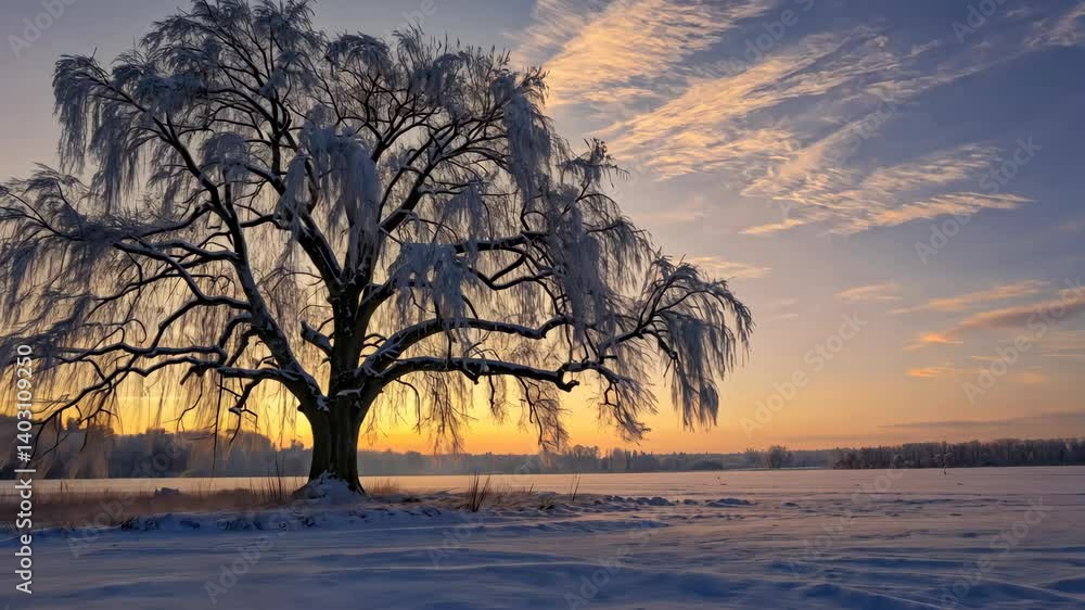 Poster majestic willow tree covered in snow, standing in a snow-covered field at sunrise with a colorful sk