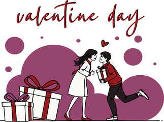 A Day of Affection and Gift-Giving: Capturing the essence of love and appreciation, this illustration portrays a couple sharing gifts on Valentine's Day, with hearts and joy filling the air.