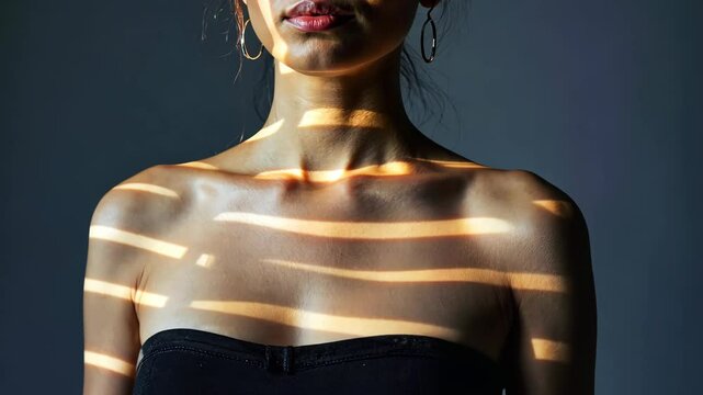 Elegant woman's upper body bathed in striped sunlight creating shadows and highlights on skin, earrings, lips, and dark top.