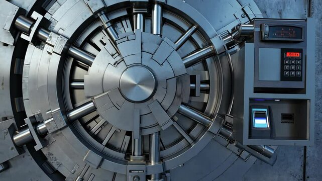 Close-up of a heavily secured vault door and adjacent cash machine, depicting security and financial safety measures, metal construction