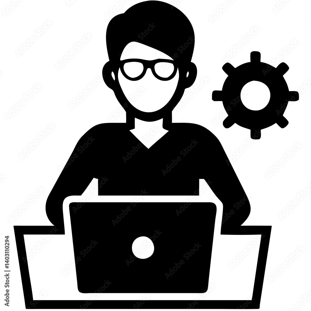 Poster focused programmer working on laptop with gear for technology and business themes