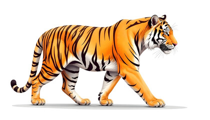 Obraz premium An illustrated tiger gracefully walks across the frame, showcasing its striking orange stripes and power.